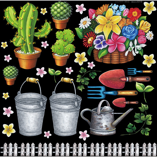 フラワー(2) 看板・ボード用イラストシール 園芸用具と花(W285×H285mm)  