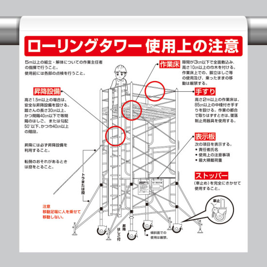 ワンタッチ取付標識 ローリングタワー使用上の注意 墜落制止用器具 安全用品 工事看板通販のサインモール