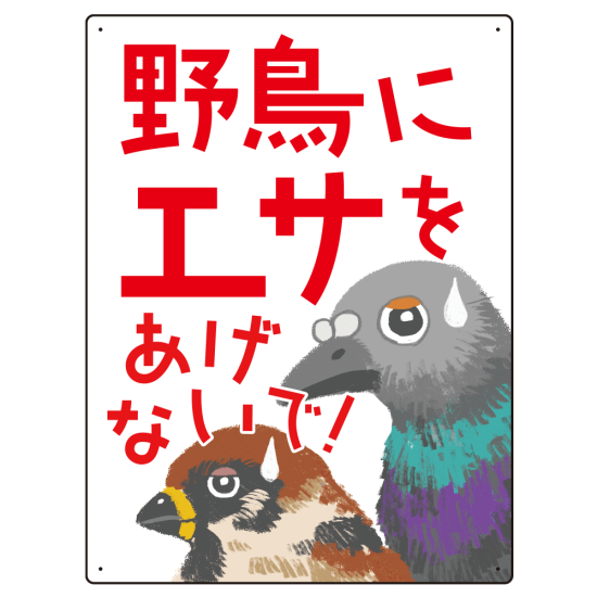 野鳥にエサをあげないで 困った野鳥イラスト付きデザイン プレート看板 600×450 エコユニボード (SP-SMD590-60x45U)
