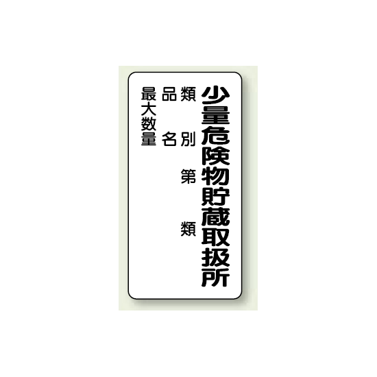縦型標識 少量危険物貯蔵取扱所 (類別/品名/最大数量) 鉄板 600×300 (319-08)