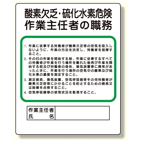 作業主任者職務板 酸素欠乏・硫化水素危険 (356-06)