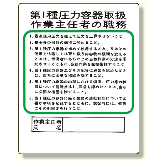 作業主任者職務板 第1種圧力容器取扱 (356-12)