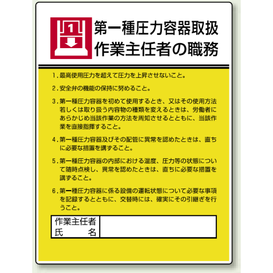 第一種圧力容器取扱 「作業主任者職務表示板」 (808-07)