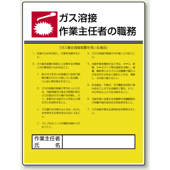 ガス溶接 「作業主任者職務表示板」 ガス集合溶接装置 (808-10)