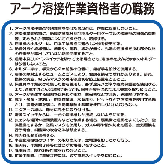 アーク溶接作業資格者の職務の表示内容