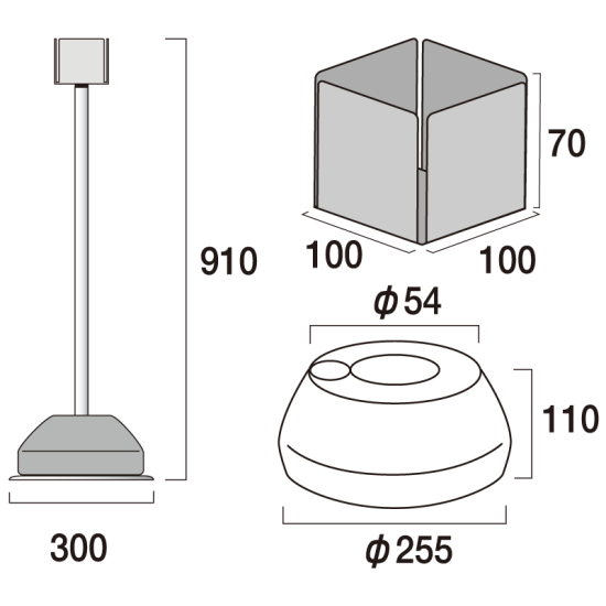 ■寸法図：屋外用消毒液スタンド H910mmタイプ(※パネル無し)