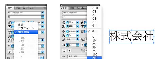 イラストレーター上のOpenTypeフォントの設定画面 その2